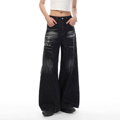 American special-interest design jeans women's spring and autumn 2024 New washed distressed couple lightning pattern wide leg trousers