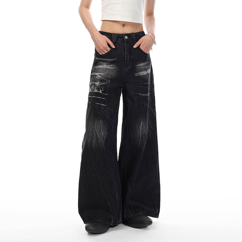 American special-interest design jeans women's spring and autumn 2024 New washed distressed couple lightning pattern wide leg trousers