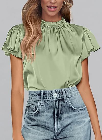 Women's summer satin shirt casual pleated short sleeves round neck party top