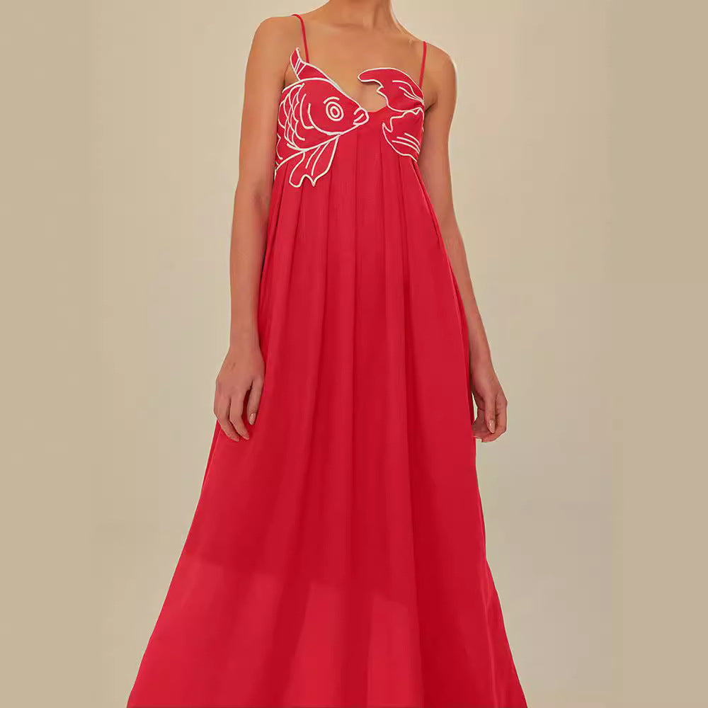 Europe and America cross border 2024 Summer new fashion elegant red fish-shaped top extra long dress backless slip dress