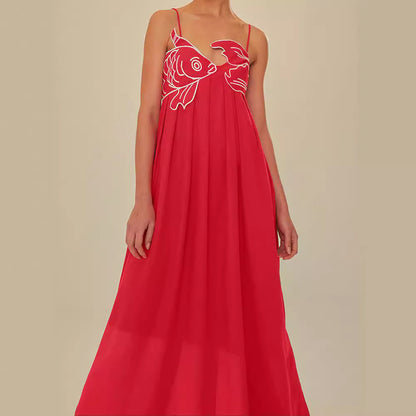 Europe and America cross border 2024 Summer new fashion elegant red fish-shaped top extra long dress backless slip dress
