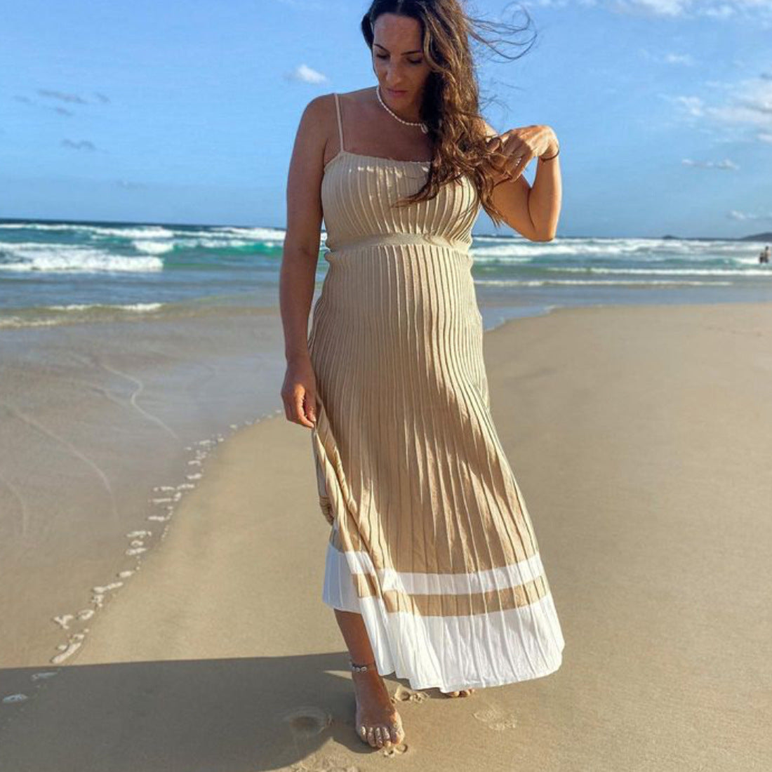 2023 Women's new pure color tube-top high waist spaghetti straps sleeveless knitted dress seaside vacation pleated maxi skirt for women