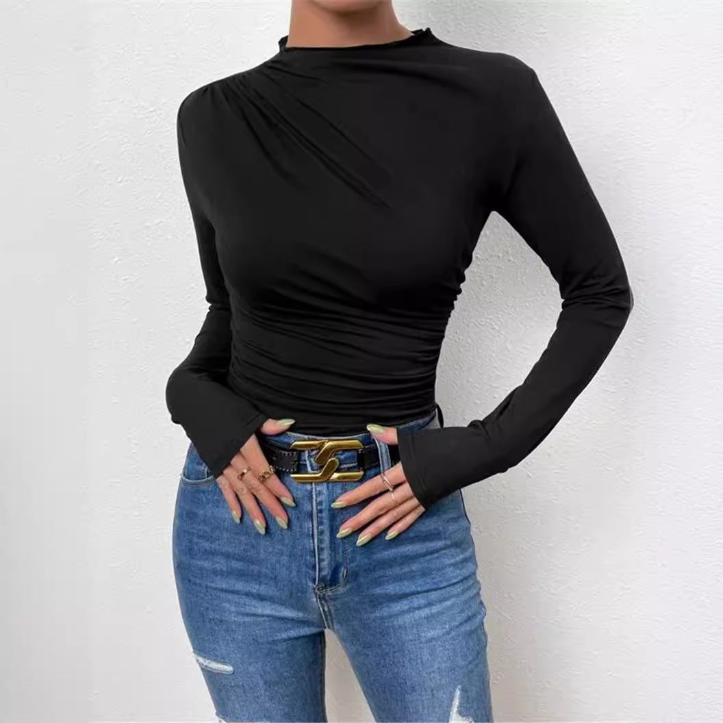 Cross-border 2025 European and American solid color slim bottoming shirt versatile pleated design long sleeve T-shirt women's top