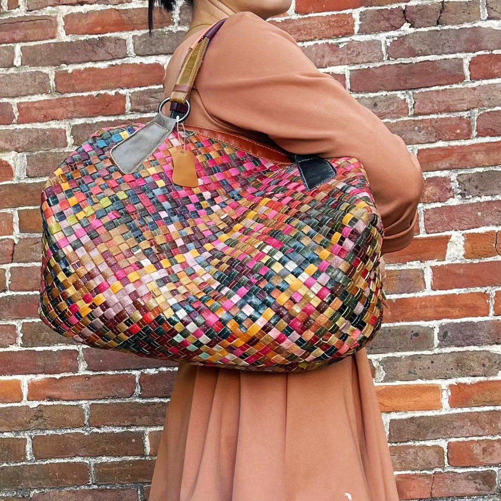 European and American women's bag wholesale hand-woven color leather stitching handbag messenger bag women's bag
