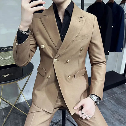 High-end double-breasted suit suit men's youth casual business closure collar temperament host suit two-piece suit
