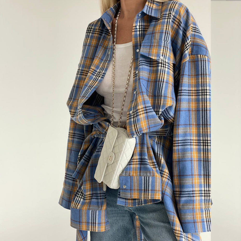 European and American 2024 autumn Amazon cross-border retro style all-matching lapel loose shirt Plaid long sleeve women's shirt