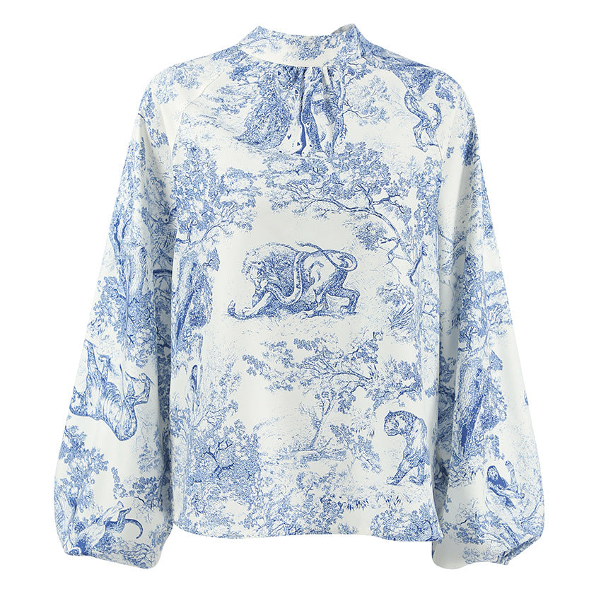 Chinese Style Ink Painting Women's Shirt Autumn New Lantern Sleeve Stand Collar Top |blouses,tops