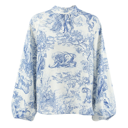 Chinese Style Ink Painting Women's Shirt Autumn New Lantern Sleeve Stand Collar Top |blouses,tops