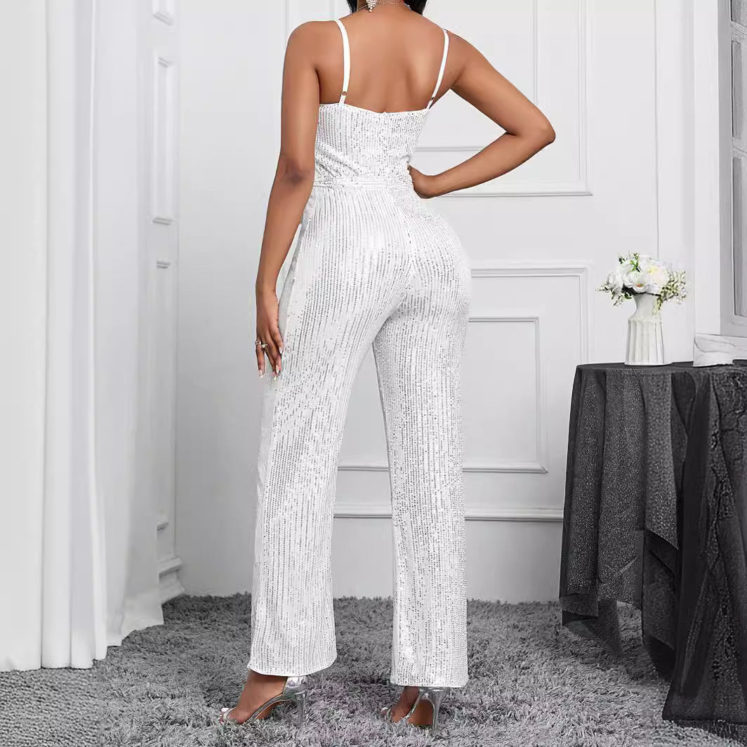 Niche design style European and American Foreign trade exclusive for cross-border solid color suspender jumpsuit elegant temperament