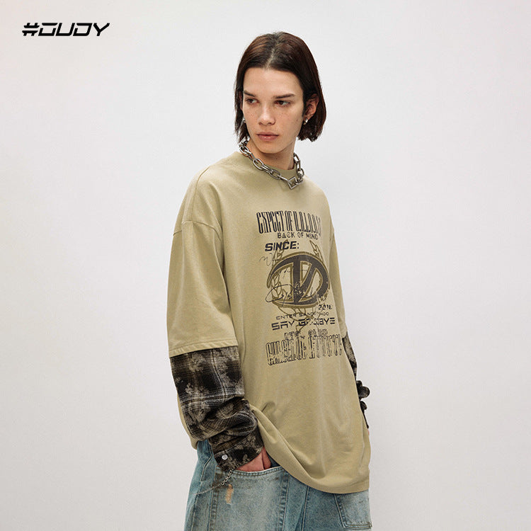 # OVDY autumn and winter new fake two men camouflage stitching Maillard style loose round neck pure cotton tops