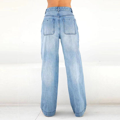 Factory Direct Sales Europe and America cross border Foreign trade wash loose pockets Denim trousers for women