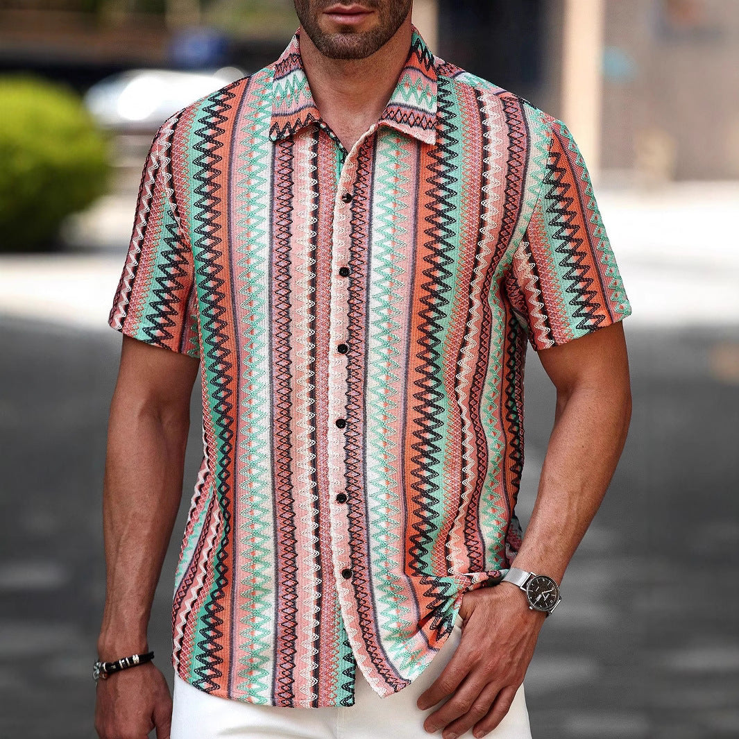 Polyester Men's Casual Printed Short-Sleeved Stand-Up Collar Shirt