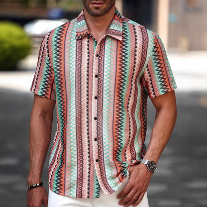 Polyester Men's Casual Printed Short-Sleeved Stand-Up Collar Shirt