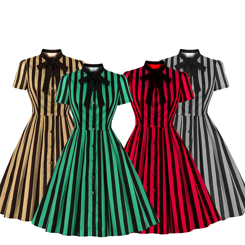 Women's striped printed tie collar pocket vintage skirt button shirt dress Halloween stage performance wear