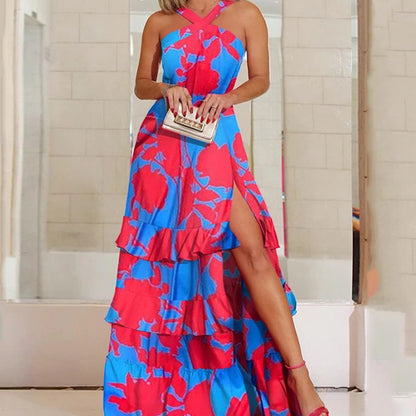 2025 European and American summer new sling dress bohemian dress Amazon printed V-neck sleeveless dress