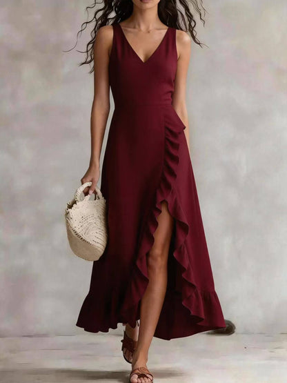 Cross-border foreign trade y2g summer women's V-neck sleeveless dress pink ruffled slit vacation style Beach maxi dress