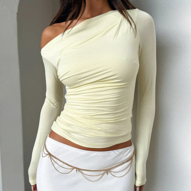 Europe and America cross border 2025 new spring and autumn women's clothing temperament wild slim-fit oblique shoulder base long sleeve shirt wholesale women