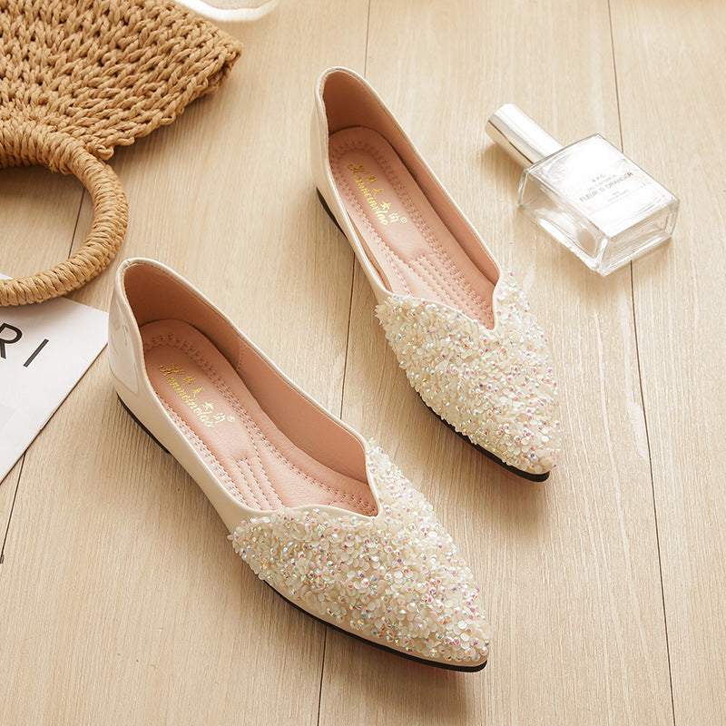 Apricot nude shoes women's spring and autumn 2025 pointed toe flat pumps plus size 41-43 women's shoes with diamonds black work shoes soft