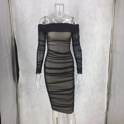 2025 spring new European and American solid color Sexy Slim party long sleeve off-shoulder pleated early spring dress women
