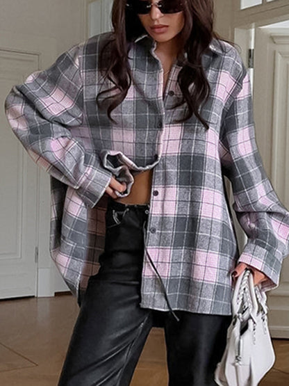 Spring New Color Block Plaid Shirt Loose Casual Women's Shirt Cardigan |tops