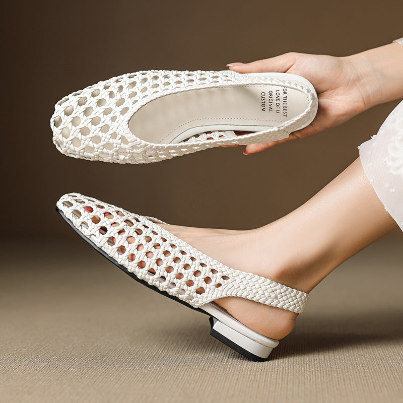 2025 spring and summer new women's casual sandals pointed toe toe cap weaving hollow breathable plus size soft bottom hole shoes
