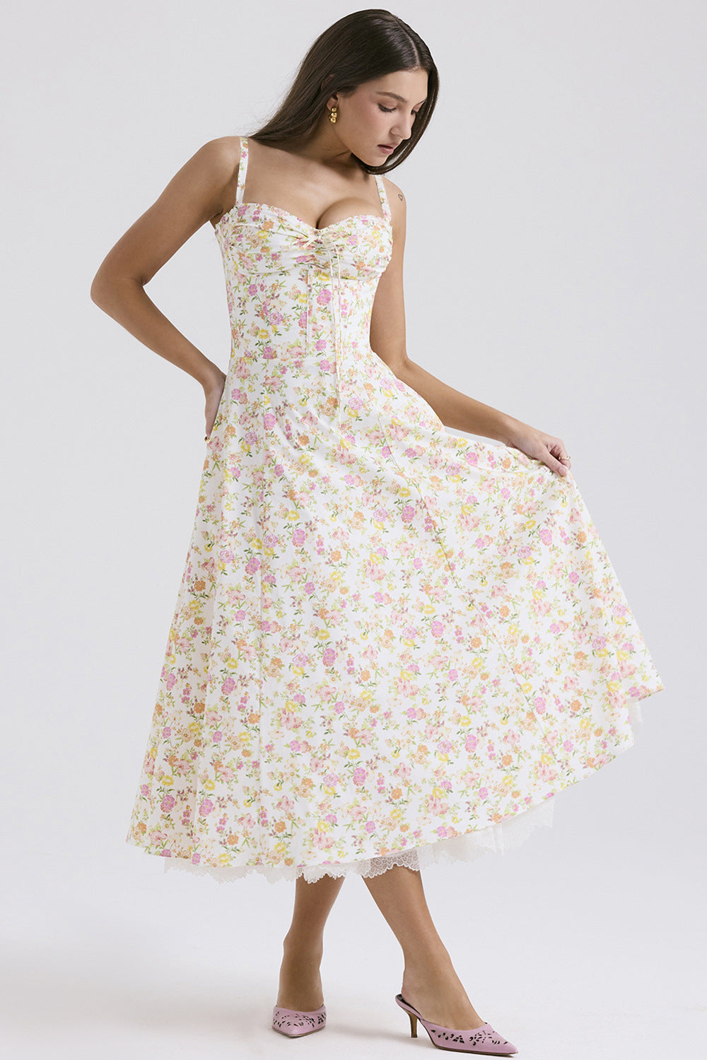 Europe and America cross border elegant floral series French summer strap gentle dress slimming floral strap dress