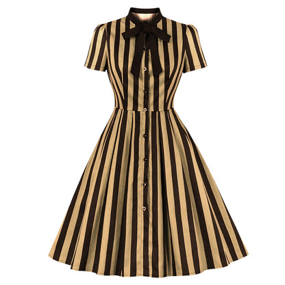 Women's striped printed tie collar pocket vintage skirt button shirt dress Halloween stage performance wear