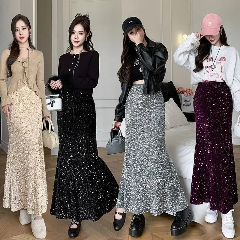 Heavy embroidery sequins long skirt women's autumn high waist design sense minority fashion skirt draping fishtail skirt slimming temperament