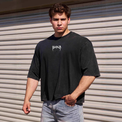 YOUNGLA American fashion brand men's T-shirt heavy cotton washed distressed printed casual round neck short sleeves top
