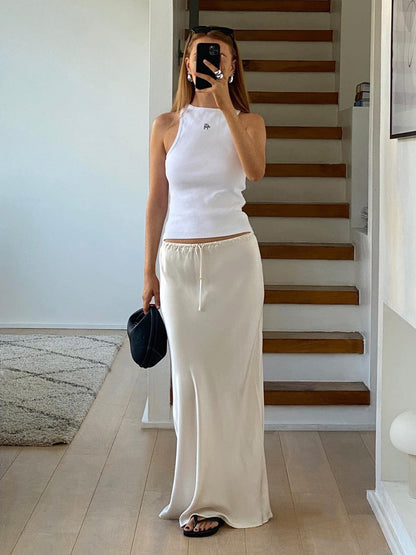 2024 Amazon high quality satin maxi dress high waist drawstring lace up solid skirt women cross-border women's clothing in stock