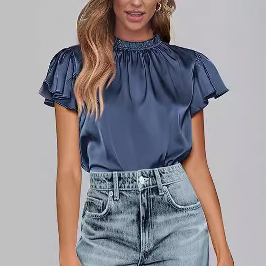 Women's summer satin shirt casual pleated short sleeves round neck party top