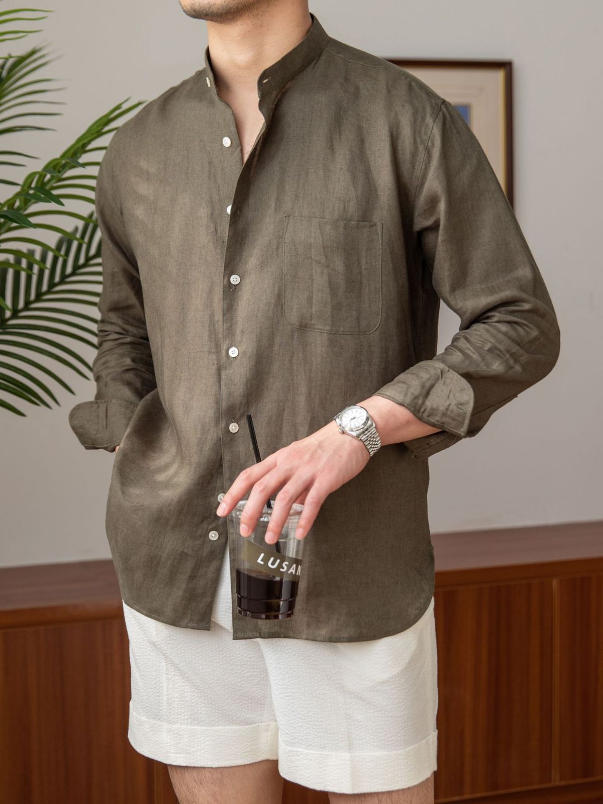 Pure Linen Long-Sleeved Shirt, Versatile Vacation Stand-Up Collar Shirt, Men's Henley Collar Top