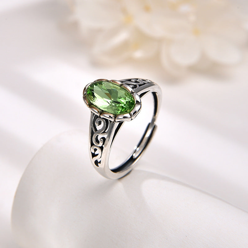 925 sterling silver green crystal ring female cross-border retro personality fashion hollowed-out unlimited design ring adjustable opening