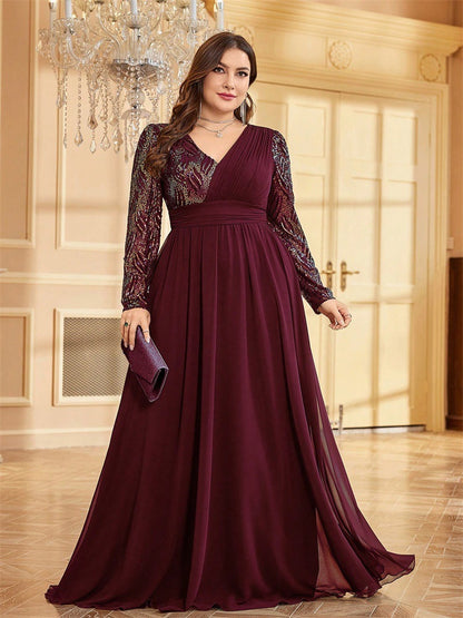 Plus size elegante lange avondjurk met V-hals en lange mouwen met kleurrijke lovertjes en kraaltjes