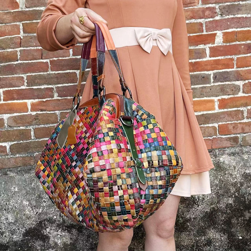 European and American women's bag wholesale hand-woven color leather stitching handbag messenger bag women's bag