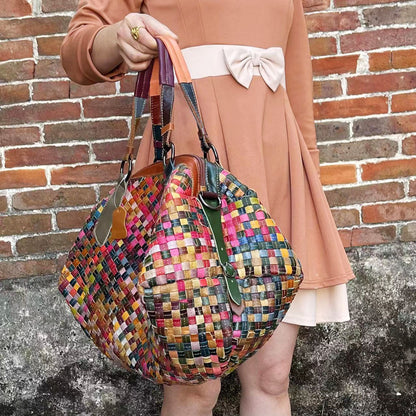 European and American women's bag wholesale hand-woven color leather stitching handbag messenger bag women's bag