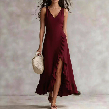 Cross-border foreign trade y2g summer women's V-neck sleeveless dress pink ruffled slit vacation style Beach maxi dress