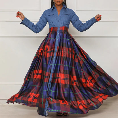 European and American fashion women's wear plus size spring temperament Denim stitching printing Plaid long dress lapel dress foreign trade dress