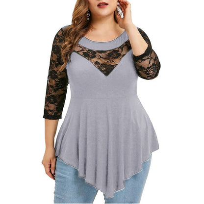 European and American plus size women's clothes lace patchwork round neck 7-point sleeve t-shirt women's loose slimming irregular top foreign trade Wholesale