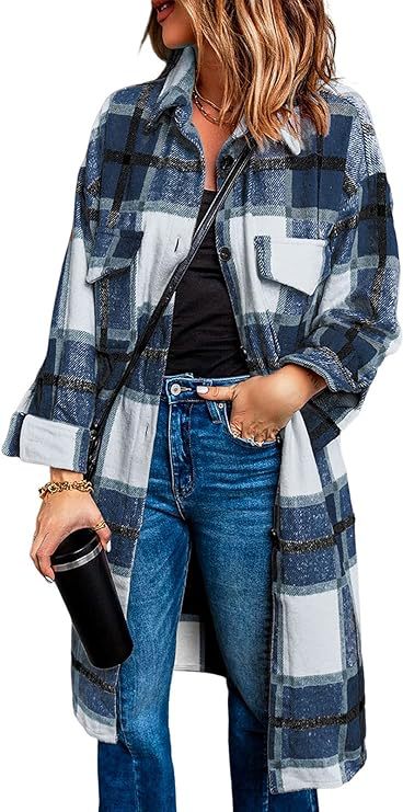 Women's 2024 mid-length plaid jacket long sleeve button shirt fashion Winter brushed woolen dress and coat