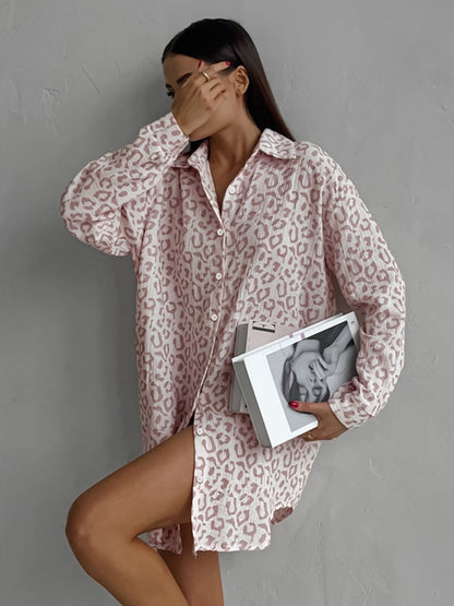 Autumn Crepe Cotton Leopard Print Pink Tie Front Women's Shirt |blouses,tops