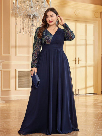 Plus size elegante lange avondjurk met V-hals en lange mouwen met kleurrijke lovertjes en kraaltjes