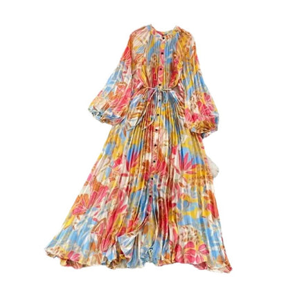 Luxe lange lantaarmouwen knopen ceintuur bedrukte maxi-jurk