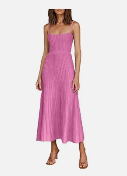 2023 Women's new pure color tube-top high waist spaghetti straps sleeveless knitted dress seaside vacation pleated maxi skirt for women