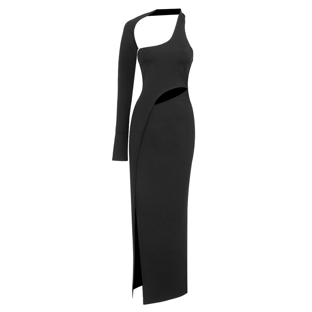 Amazon new black knitted women's single sleeve hollow stretch long dress bandage dress high-grade European and American style