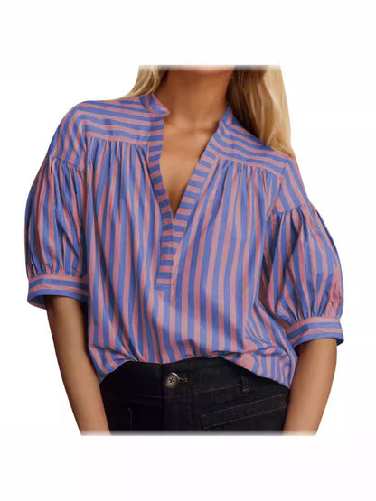 European and American Women's Casual Shirt New Style Striped V-Neck Top |tops