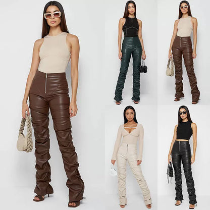 Autumn Pants Women PU Leather High Waist Trousers
