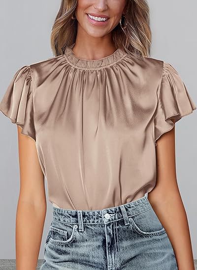 Women's summer satin shirt casual pleated short sleeves round neck party top