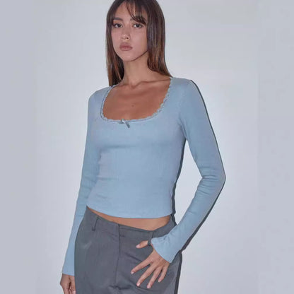 2023 new arrival Amazon Fall Winter fashion sexy U collar small lace knitted bottoming shirt