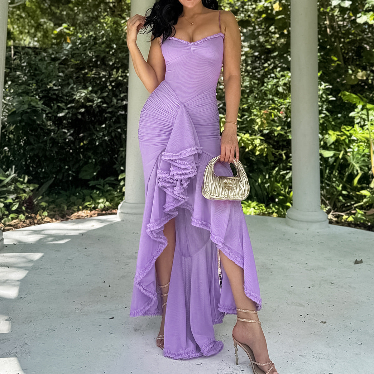 Early autumn women's wear high-grade new mesh camisole pleated irregular sleeveless dress fashion design dress